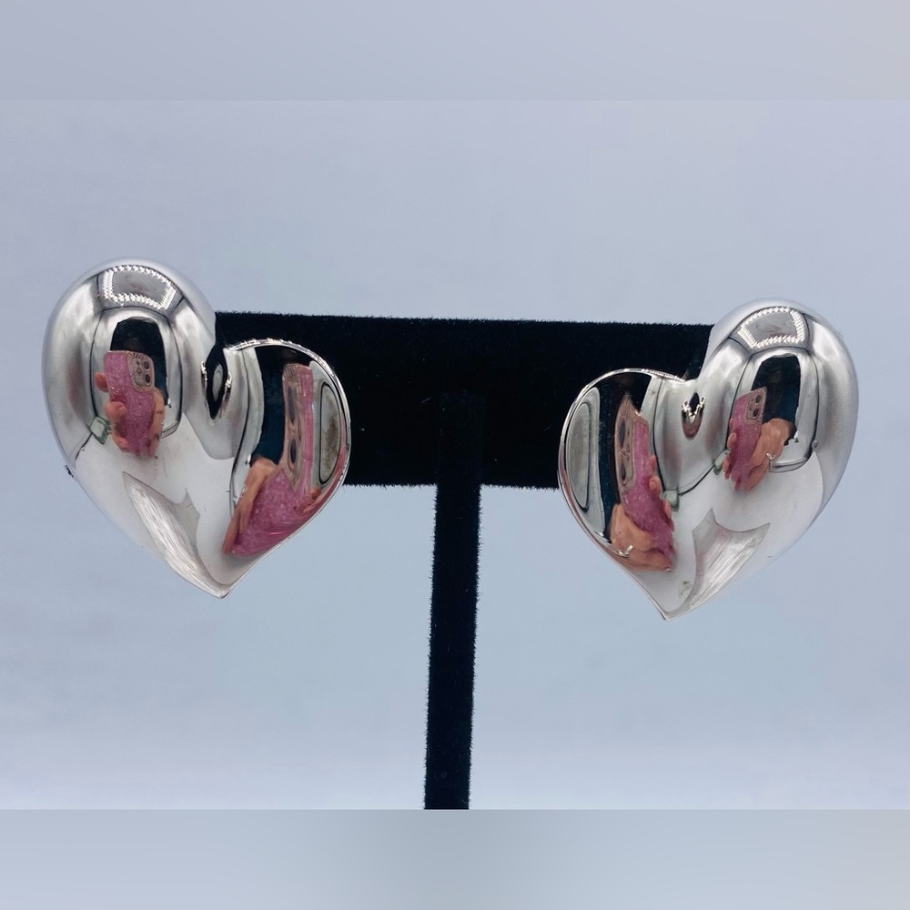 Vintage Trifari Polished Silver Tone Heart Shaped Clip On Earrings Signed
